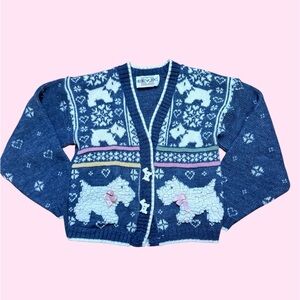 Vintage Heartworks Girls Small 5-6 Blue Knit Cardigan with Scottie Dog Pattern